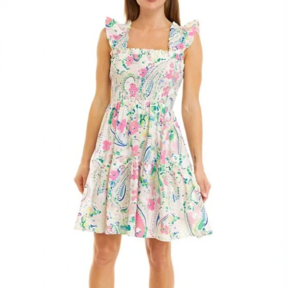Crown & Ivy Smocked Floral Tiered Dress Ruffle Trim Pink Green - Size Medium